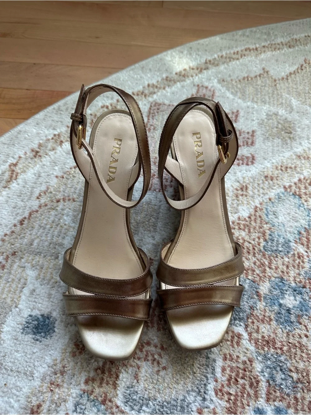 Prada Bronze Metallic Wedge Sandals with Ankle Strap